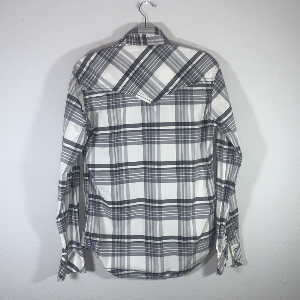 Rock 47 Wrangler Gray White Plaid Western Pearl Snap Shirt Long Sleeve Small - Picture 2 of 9